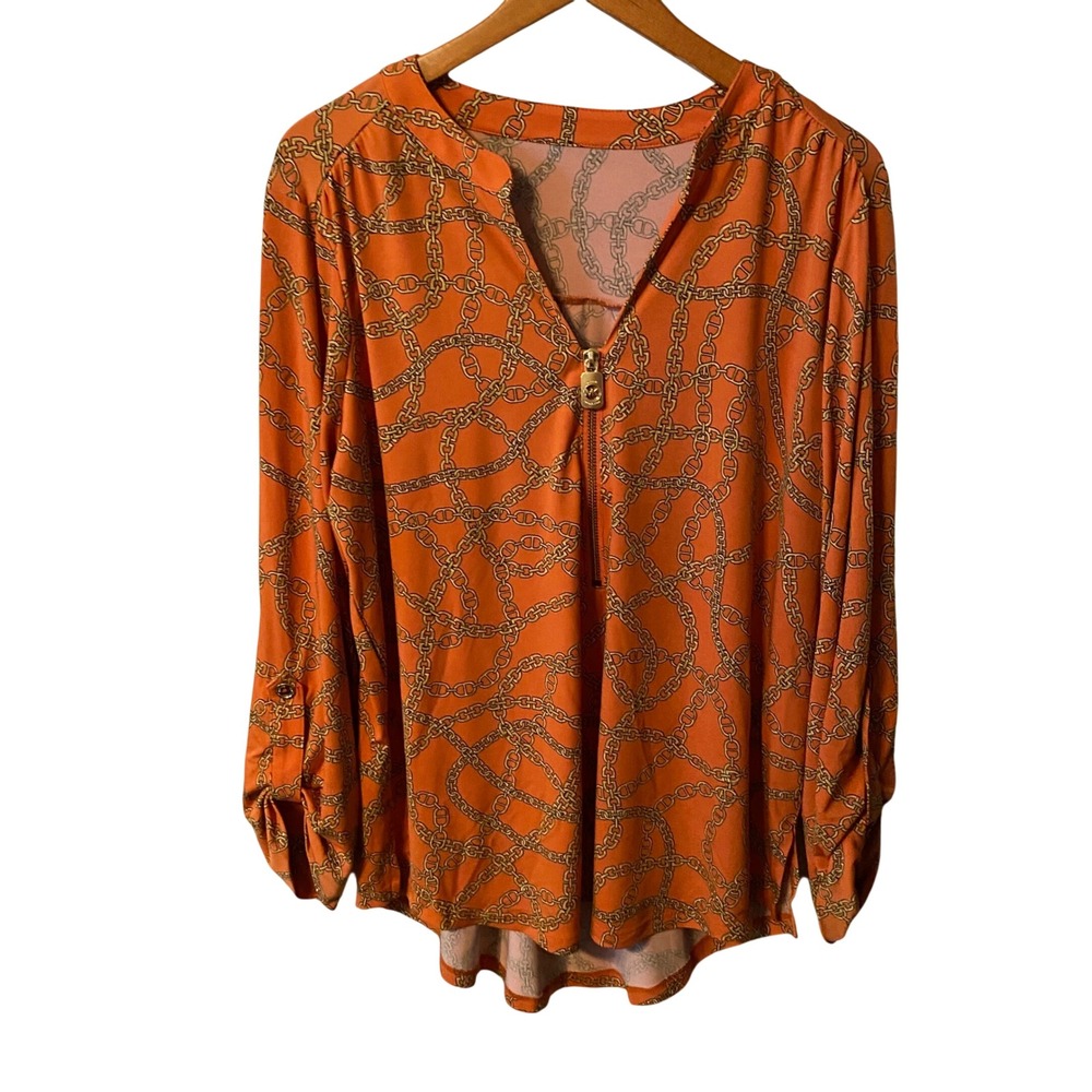 Michael Kors Orange Chain Print Quarter Zip‎ Long Sleeve Blouse Women Size 2
